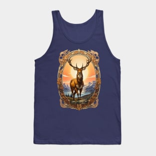 Majestic Deer with mountain sunset background retro vintage design Tank Top